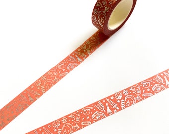 Orange Red  Magical Mystical Spell Potion Silver Foil Pattern Washi Tape - Witch Washi - Halloween - 15mm x 10m