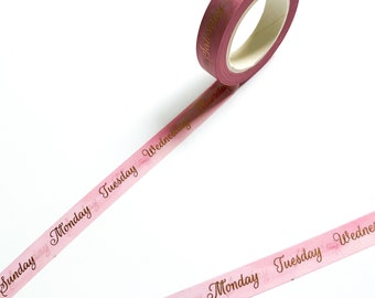 Pink Week Days Gold Foil Calligraphy Metallic Washi Tape - 10mm x 10m