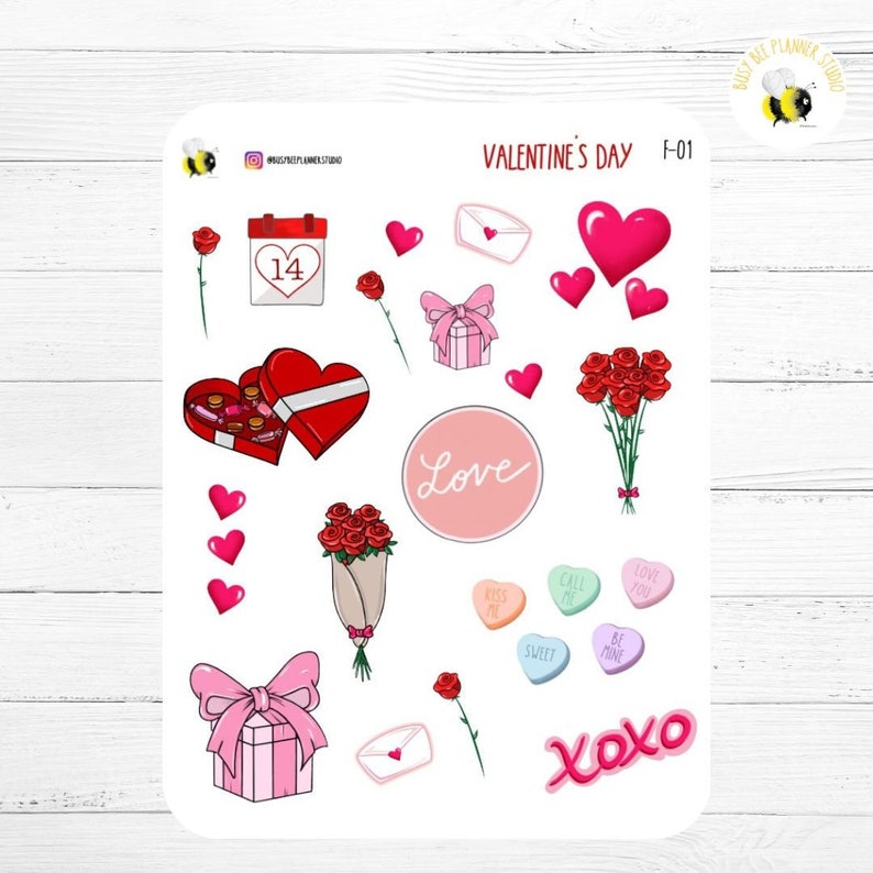 Valentine's Day Sticker Sheet Love February Monthly Journal Stickers Scrapbooking Vinyl White Stickers image 1