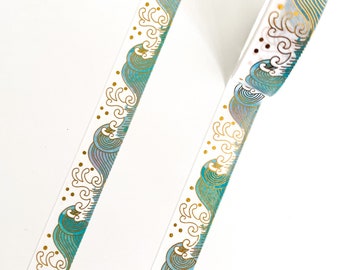 Gold Foil and Blue Ocean Waves  Washi Tape - 15mm x 10m