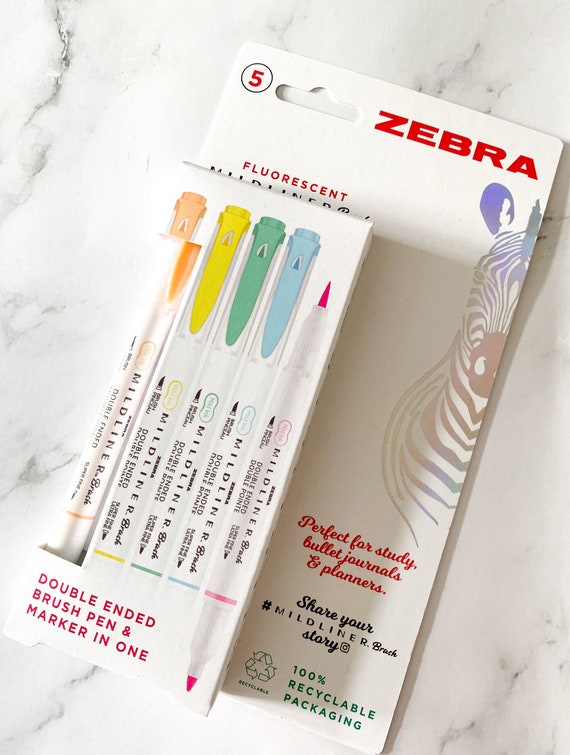 Zebra Mildliner Double-Ended Brush Pen Set of 5- Fluorescent