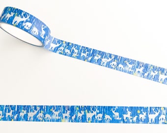 Ruban Washi feuille d'argent et renne de Noël bleu - 15 mm x 5 m