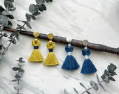 CARMELA Macrame tassel earrings with round studs, boho earrings