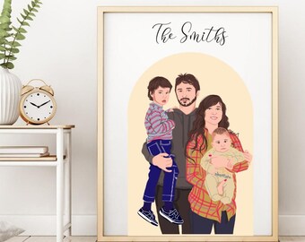 Minimalist Custom Family Illustration, Personalized Digital Portrait with Pets (Digital File)