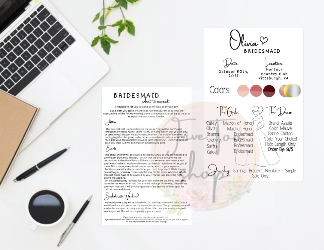 DIY PRINTABLE Bridesmaid Expectations Checklist Card Template | Will ...
