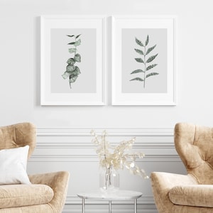 Botanical Print Set of 2, Minimalist Plant Wall Art, Green and Grey Herbal Poster Set, Watercolour Nature Drawing, Scandi Green Leaf Artwork