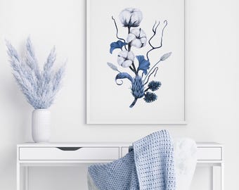 Indigo Blue Botanical Art Print: Watercolor Floral Wall Decor