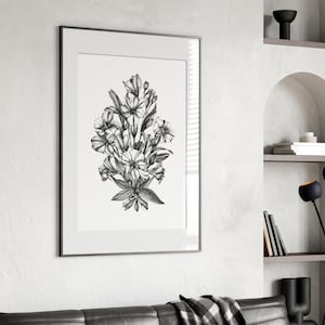 Alstroemeria Kunstdruck, Schwarzweiß Blumendruck, Tuschezeichnung Wandkunst, Peruanische Lilie Poster, Monochromer Blumendruck, Botanische Kunst