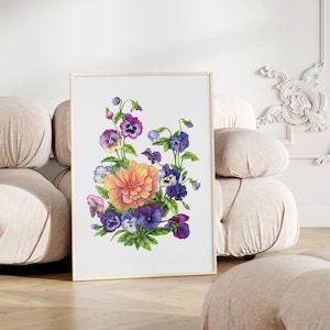 Pintura de pensamientos en acuarela, impresión artística, violas y pensamientos, arte mural, impresión artística de pensamientos morados, ramo de pensamientos, naturaleza muerta, pintura de pensamientos y violas