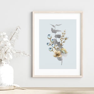 Impresión artística de ramo de invierno, pintura plateada y azul bebé, arte vegetal en azul claro, impresión botánica en azul pastel, impresión bohemia azul para sala de estar