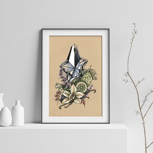 Pu&ograve; includere: Un'illustrazione disegnata a mano di un flacone di profumo a forma di stella, circondato da fiori, foglie e frutti. Il flacone &egrave; argentato e i fiori sono bianchi con centri gialli. Le foglie sono verdi e il frutto &egrave; verde lime.