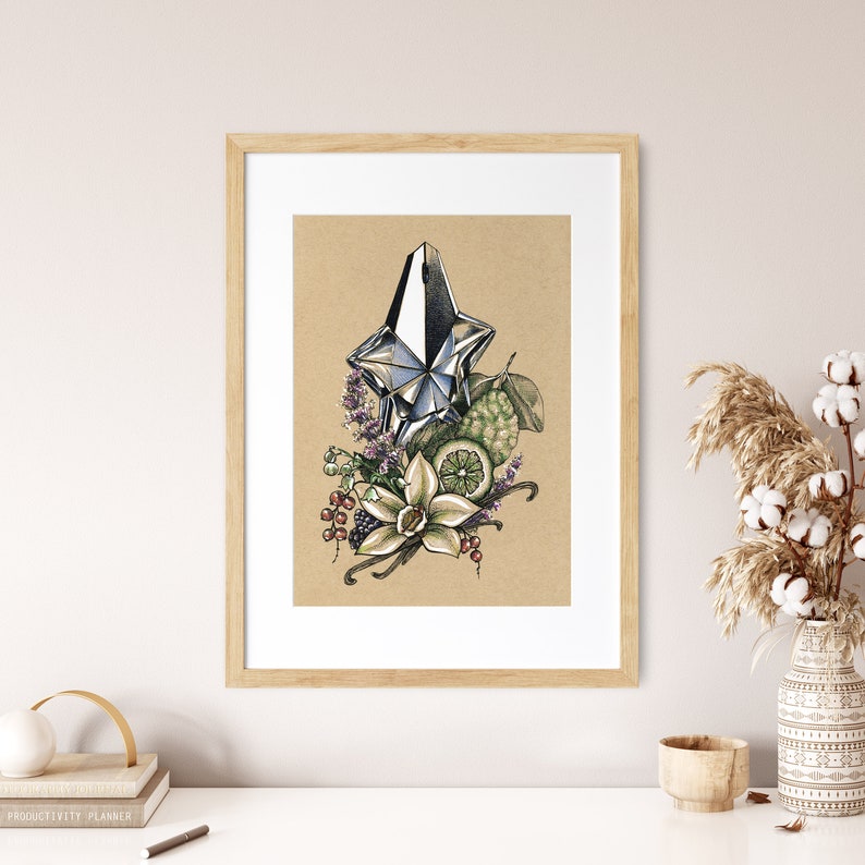 Pu&ograve; includere: Un'illustrazione incorniciata di un flacone di profumo a forma di stella argentata circondato da elementi botanici, tra cui baccelli di vaniglia, fette di lime e foglie verdi. Lo sfondo &egrave; un foglio di carta marrone chiaro.