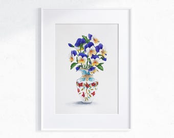 Pansy Bouquet In Vase Original Watercolour Painting, A3 Botanical Floral Still Life, Mounted For 16x20 Inch Frame, One Of A Kind Art Gift