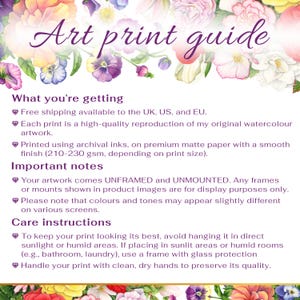 Pu&ograve; includere: Guida alla stampa d'arte con informazioni sulla spedizione, la qualit&agrave; della carta e le istruzioni per la cura. La guida menziona che le stampe non sono incorniciate e non montate, e che i colori possono apparire leggermente diversi su schermi diversi.