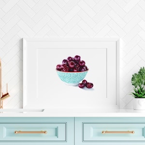 Sweet Cherry Bowl Art Print, Summer Berries Poster, Cherries Kitchen Wall Art, Fruit Watercolour Dessert, Black Cherry Painting, Coffee Shop