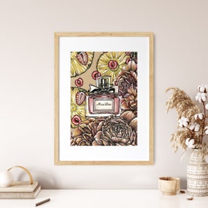 Impresión artística de la botella de perfume Miss Dior de Dior, dibujo de perfume Dior, póster de maquillaje de moda, decoración de tocador para niñas, arte de pared para dormitorio femenino