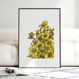 Gelbe Blume Kunstdruck, Handgezeichnete botanische Illustration, kräftiges Blumen Poster, Tusche- und Bleistift-Linien-Zeichnung, goldene Blüten-Wand-Kunstdruck