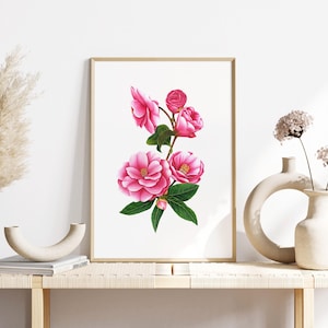 Pink Camellia Art Print, Botanical Flower Wall Art, Watercolour Floral Print, Pink Bloom Poster, Pink Flower Wall Decor, Botanical Artwork