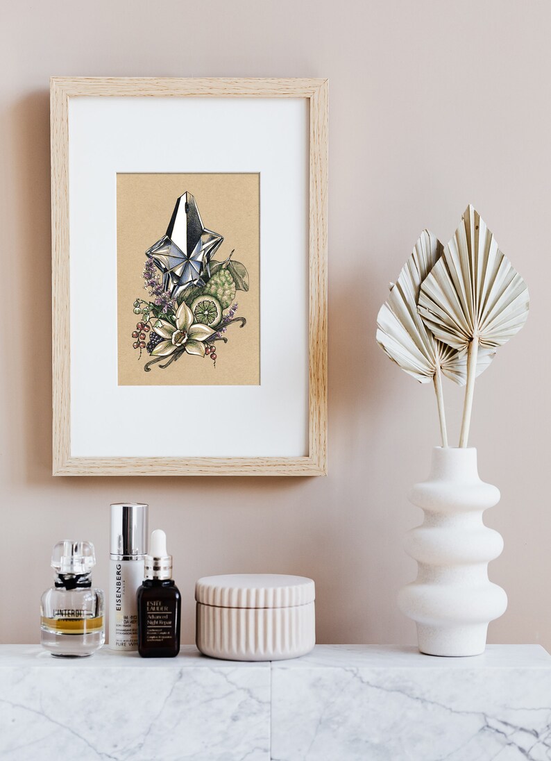 Pu&ograve; includere: Un'illustrazione incorniciata di un flacone di profumo a forma di stella argentata circondato da elementi botanici, tra cui baccelli di vaniglia, lime e lavanda. L'illustrazione &egrave; su uno sfondo beige ed &egrave; incorniciata in una cornice di legno chiaro. La cornice &egrave; appesa a una parete rosa chiaro. In primo piano ci sono tre flaconi di prodotti per la cura della pelle e un contenitore in ceramica su una superficie di marmo bianco.