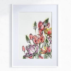 Frühlingstulpen Blumen Malerei, montiertes Original A3 Aquarell Kunst, Botanische Zeichnung, Pastell Blumen Wandkunst, Tulpengarten Illustration
