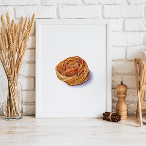 Impresión artística de rollo de hojaldre de manzana y canela, pintura de acuarela de pastelería, decoración de pared de cocina, arte de pared de panadería, decoración de cafetería, repostería de frutas
