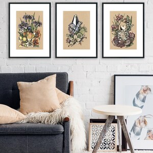 Pu&ograve; includere: Tre stampe incorniciate di composizioni floreali con flaconi di profumo. Le stampe sono esposte su una parete di mattoni bianchi sopra un divano grigio e un tavolino bianco.