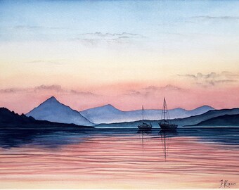 Pink Sunset Boat Painting, Original Watercolour Art, Peaceful Lake Seascape, A3 Size Wall Art, Sailing Scene, Mountain Sunset View