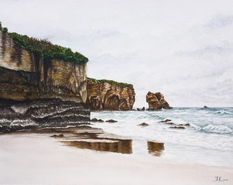 Coastal Cliff Seascape Painting, Original Watercolour Art, Rocky Beach Shoreline, A3 Ocean Wall Art, Nature Coastal Scene Artwork