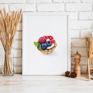 Tarta owocowa wydruk artystyczny akwarela malarstwo ciasto owocowe plakat ciasto jagodowe malarstwo ciasto owocowe mini deser akwarela sztuka ścienna do kuchni