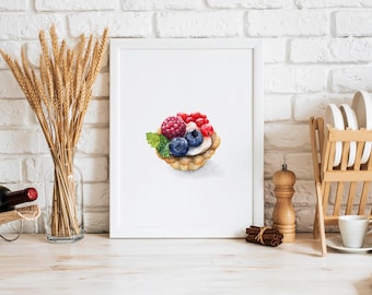 Fruit Tartlet Art Print: Watercolor Pastry Painting, Kitchen Wall Art