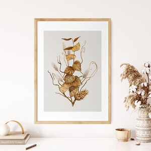 Herbst trocken Blattdruck, Herbststrauß, botanisches Aquarell, Neutral Boho Kunstdruck, Herbst beige botanischer Druck, braune Blume Herbst Dekor