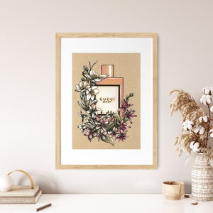 Impresión de frasco de perfume Gucci Bloom, dibujo de Gucci Bloom, arte mural de moda, arte mural de maquillaje, decoración de tocador para niñas, arte femenino para dormitorio
