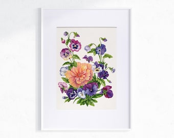 Purple Pansy Original Watercolour Painting, A3 Botanical Floral Artwork, Spring Bouquet Art, Mounted For 16x20 Frame, One Of A Kind Gift