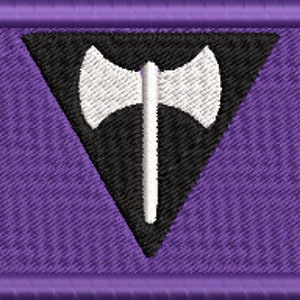 May include: Purple fabric patch with a black triangle and a white axe symbol inside. The symbol is a common symbol for lesbian pride.