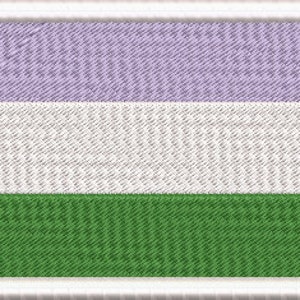 May include: A patch with a lavender, white, and green horizontal stripe design. The patch is a symbol of the gender-neutral flag.
