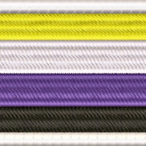 May include: A horizontal flag with four stripes. The top stripe is yellow, the second stripe is white, the third stripe is purple, and the bottom stripe is black.