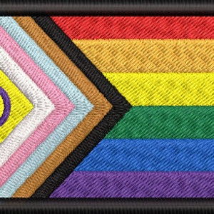 May include: A rainbow pride flag with a yellow triangle and a purple circle in the top left corner. The flag represents the LGBTQ+ community and its allies.