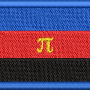 May include: A blue, red and black flag with a gold symbol of the Greek letter pi in the centre.