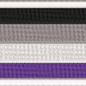 May include: An asexual pride flag with five horizontal stripes: black, grey, white, grey, and purple.