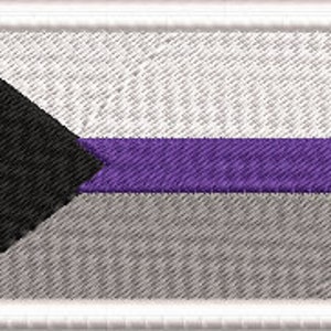 May include: An asexual pride flag patch featuring a black triangle, a purple stripe, a grey stripe, and a white background.