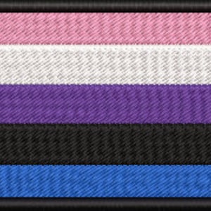 May include: A five-striped flag with pink, white, purple, black, and blue horizontal stripes. This flag is often used to represent the gender-nonconforming community.