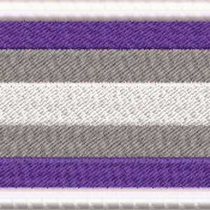 May include: Embroidered patch with a genderqueer pride flag design. The rectangular patch has horizontal stripes in purple, grey, white, grey, and purple, with a white border. The patch is designed for sewing or ironing onto fabric.