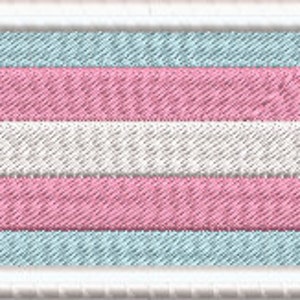 May include: A white patch with a light blue, pink, and white horizontal stripe pattern. The patch is a representation of the transgender pride flag.