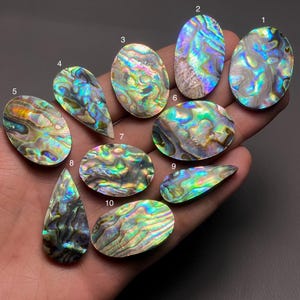 Op de afbeelding: Een verzameling van tien iriserende abalone schelp cabochons in verschillende vormen, waaronder ovaal en druppelvormig. De schelpen tonen kleuren als blauw, groen, paars en goud, met een glinsterend, parelmoer effect. Geschikt voor het maken van sieraden.