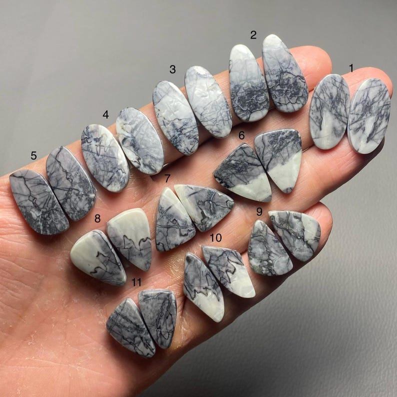 May include: A collection of eleven pairs of polished gemstones in various shapes, including ovals and triangles. The stones are primarily white with intricate gray veining patterns, creating a natural, marbled appearance. The gemstones are held in a hand.