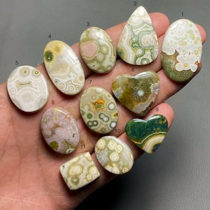 May include: Eleven polished green, white, and brown ocean jasper cabochons in various shapes, including oval, heart, and teardrop, with numbers 1 through 11 written on them.