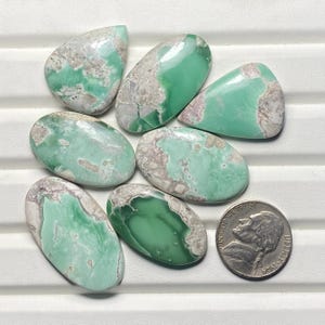 May include: A collection of polished, oval-shaped gemstones in shades of green and gray. The stones have a smooth, glossy surface and are arranged on a white surface. A US nickel coin is included for size reference.