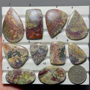Puede incluir: Una colección de diez piedras preciosas cabujón pulidas y multicolores con patrones irregulares y moteados en tonos rojo, verde, amarillo y marrón. Las piedras están dispuestas en una bandeja blanca, con una moneda de 20 sen para escala.