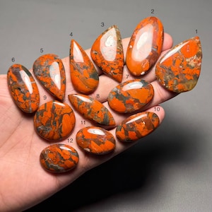 May include: A collection of twelve polished gemstones in various shapes, including oval, teardrop, and irregular forms. The stones display a striking pattern of orange and dark gray or black veining. The gemstones are held in a hand.