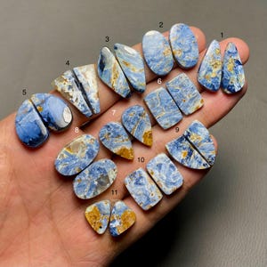 May include: A collection of 11 pairs of blue and gold tiger's eye cabochons, each pair is numbered 1 through 11. The cabochons are various shapes and sizes, including oval, teardrop, and rectangular.
